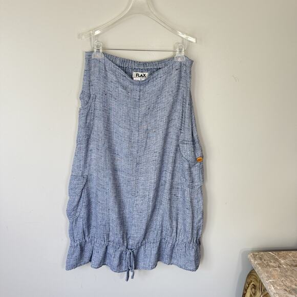 FLAX Linen Midi Balloon Skirt Ruched Pocket Size S Langenlook Blue Drawstring - Picture 1 of 6